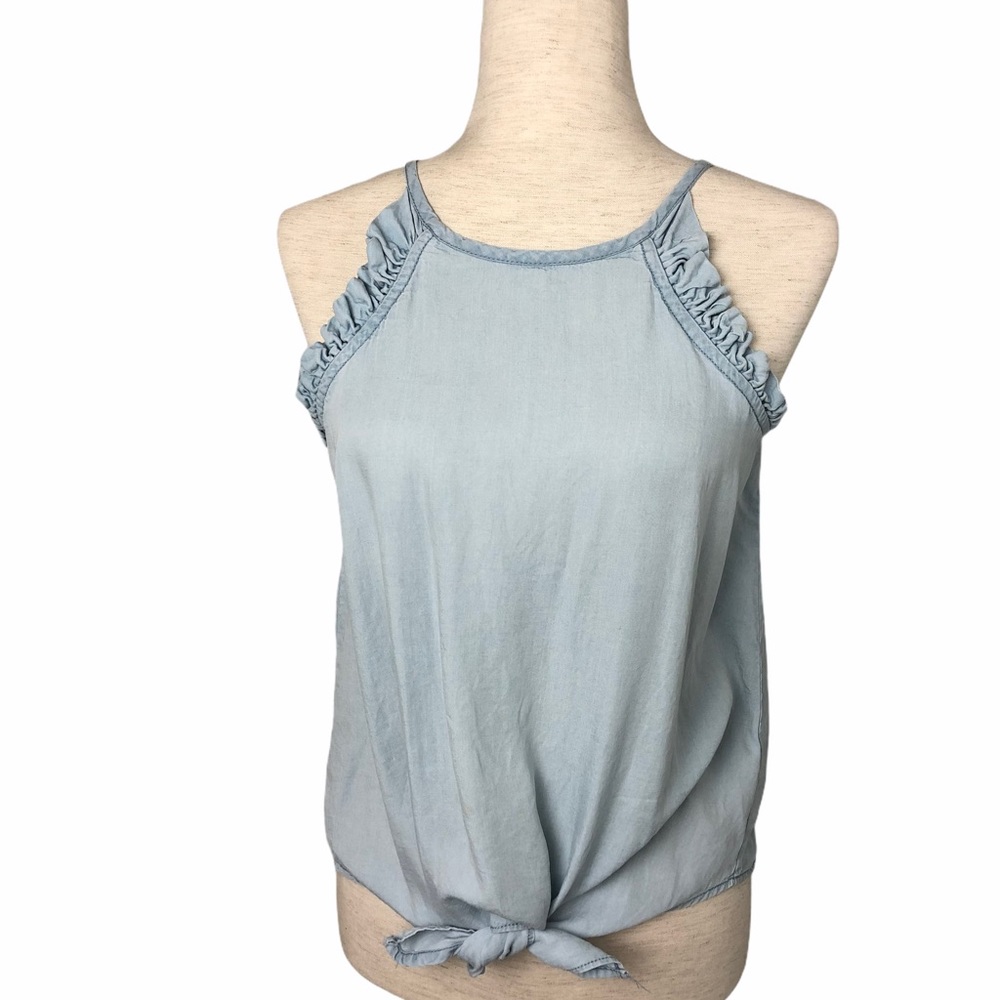 Women’s Blue Rain Chambray Blue Ruffle Tank Size S Tie Front